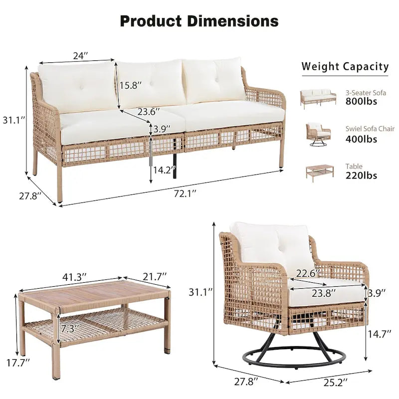 4-teiliges Outdoor-Rattangarniture-Set mit Drehstühlen und Couchtisch
