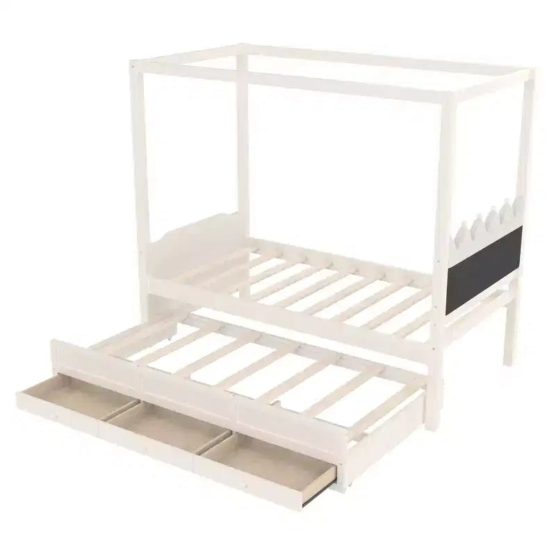Doppel-/Einzelbett-Plattformbett mit Ausziehbett, Prinzessinnen-Himmelbett aus Holz mit 3 Schubladen, Stauraumbett mit gepolstertem Kopfteil für das Schlafzimmer
