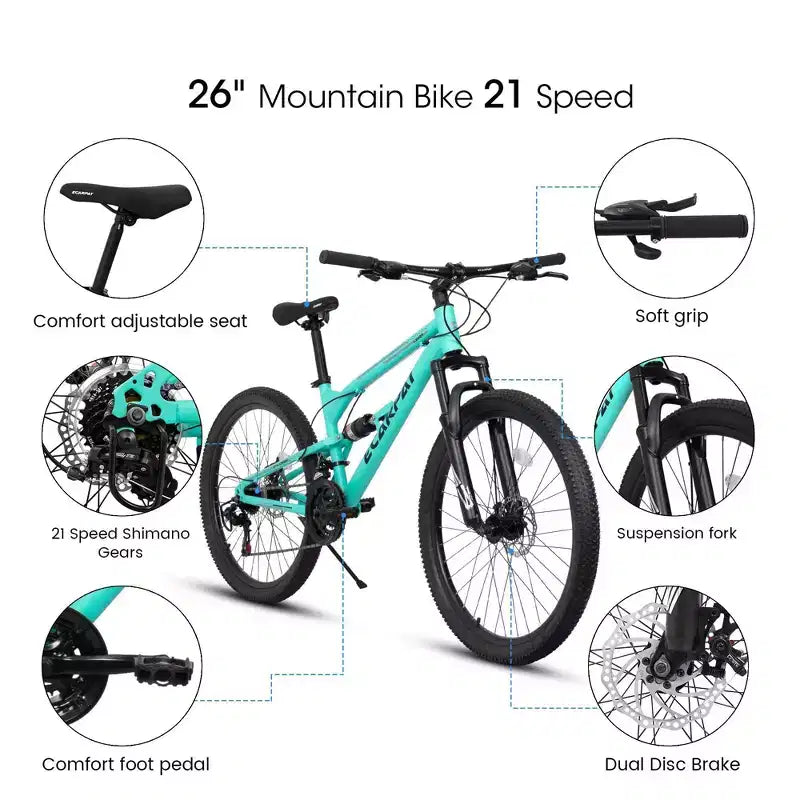 NAYSAYE 26-Zoll-Mountainbike mit Stahlrahmen, 21 Gängen und Federgabel, Fahrrad für Erwachsene für Outdoor-Fahrten, Blau, 68,00*27,00*38,00