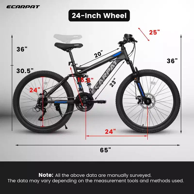 Okak 24 Zoll Mountainbike aus Karbonstahl mit Vollfederung, Herrenfahrrad mit 21-Gang-Schalthebel und Scheibenbremsen, Fahrrad für Kinder & Erwachsene