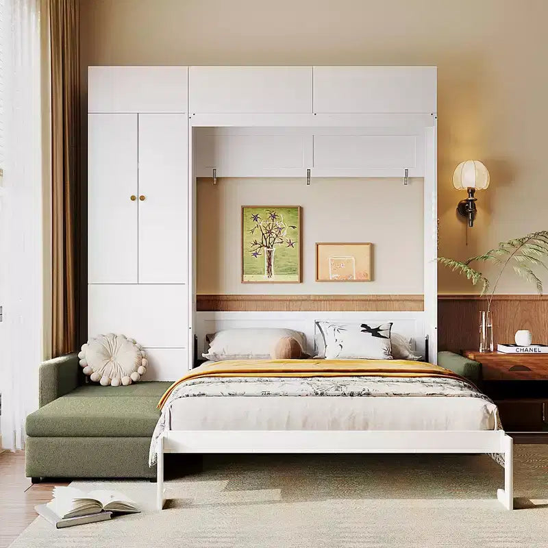 Schrankbett in Queen-Size mit Sofa und Schrank, hölzernes Queen-Size-Schrankbett als Wandbett mit Regalen, klappbares Wand-Schrankbett für Gästezimmer und Büro