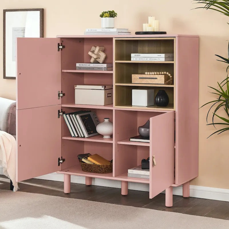 Multifunktionaler Aufbewahrungsschrank mit Tür, moderner Sideboard-Schrank, Holzaufbewahrungsschrank, Schubladenschrank mit Ledergriffen