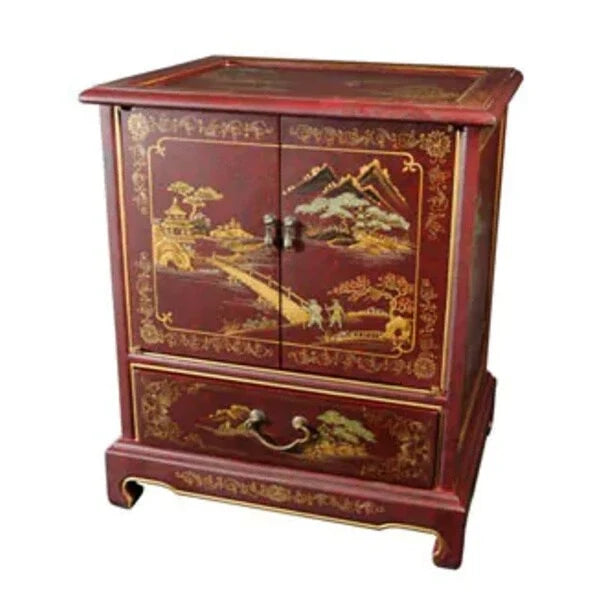 Handgefertigter Beistelltisch mit lackierter chinesischer Landschaftsmalerei im Vintage-Stil – 20,00 B x 16,00 T x 24,50 H