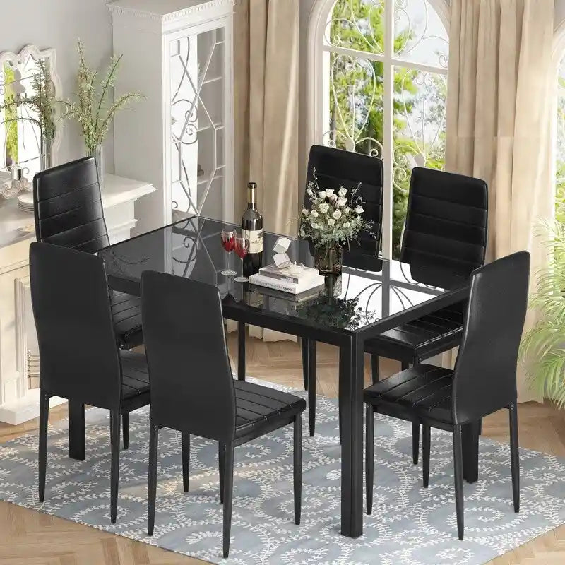 Grondin 7-teiliges Esszimmer-Set im modernen Stil mit Tischplatte aus gehärtetem Glas und 6 Stühlen mit PU-Lederpolsterung