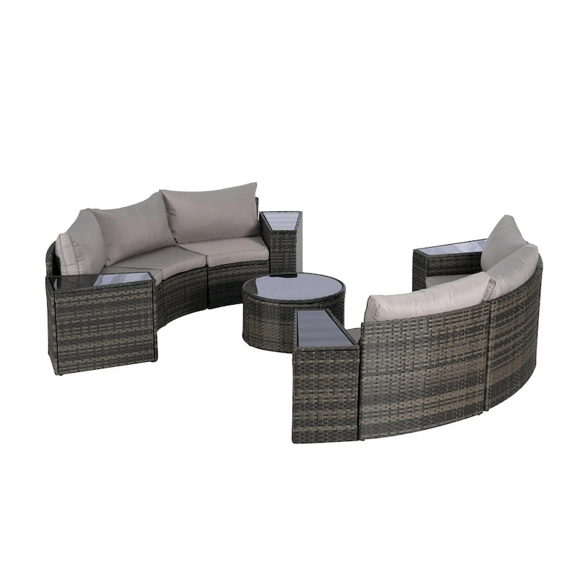 11-teiliges modulares Outdoor-Sofa-Set mit halbrunden Elementen, Couchtisch aus gehärtetem Glas und 4 Beistelltischen