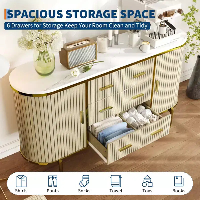 59-Zoll-Sideboard im Landhausstil mit geriffelter Front, TV-Lowboard mit 6 Schubladen und 2 Schiebetüren, vielseitiger Aufbewahrungsschrank fürs Wohnzimmer