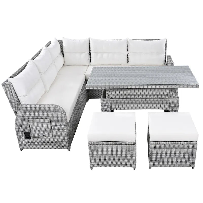Outdoor-Rattan-Ecksofa-Set mit verstellbarem Tisch und Relaxsesseln