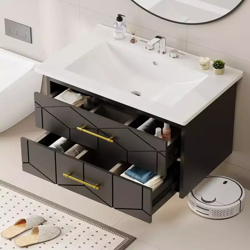Modernes hängendes Badezimmer-Waschtischset mit Waschbecken – Wandmontierter Unterschrank mit Soft-Close-Schublade und goldenem Griff, Größe 24 oder 30 Zoll