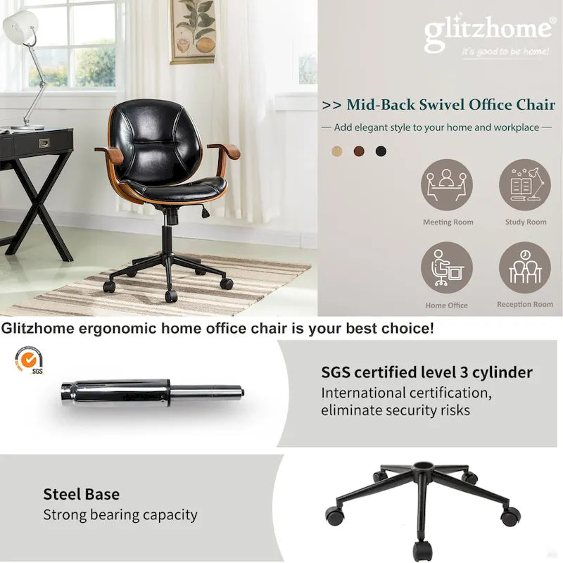 Glitzhome höhenverstellbarer, drehbarer Bürostuhl aus Kunstleder mit Armlehnen und ergonomischem Design