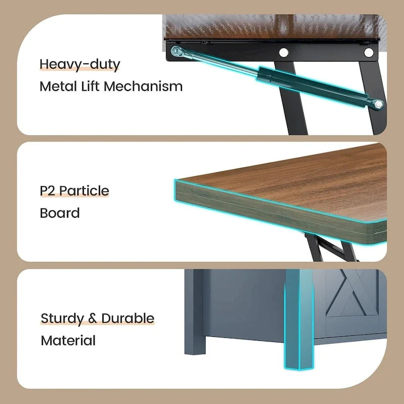 Couchtisch mit Hubplatte, 2 Schiebetüren im Scheunentor-Design und Stauraum, Esstisch