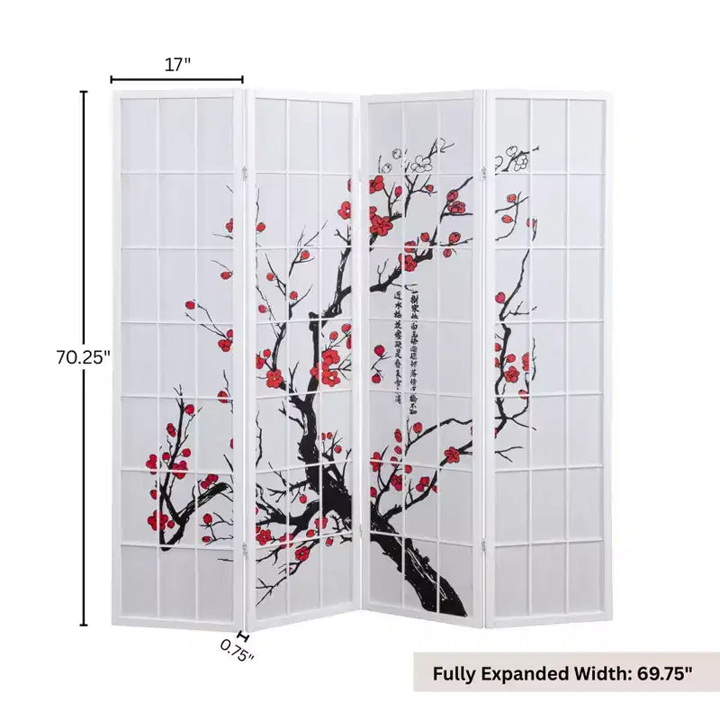 Roundhill Furniture Japanischer 4-Panel Raumteiler, Pflaumenblüte