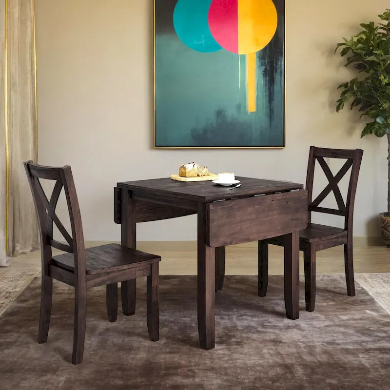 3-teiliges Essgruppe-Set aus Holz mit klappbarem Frühstückstisch und 2 X-Back-Stühlen für kleine Räume