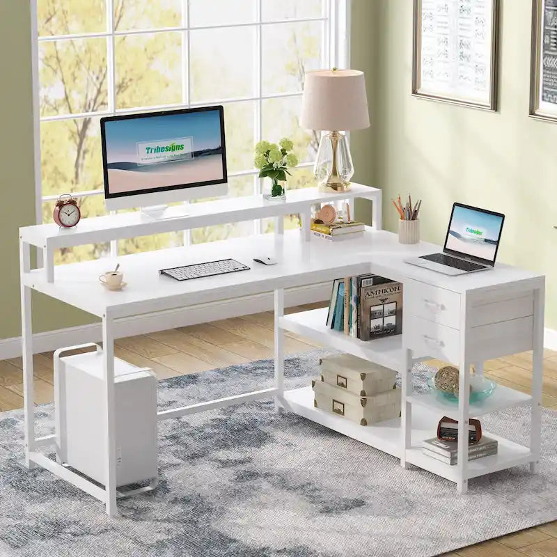 L-förmiger Schreibtisch mit Schublade, Eckschreibtisch für das Home-Office mit Ablagefächern und Monitorständer, rustikaler PC-Tisch für kleine Räume
