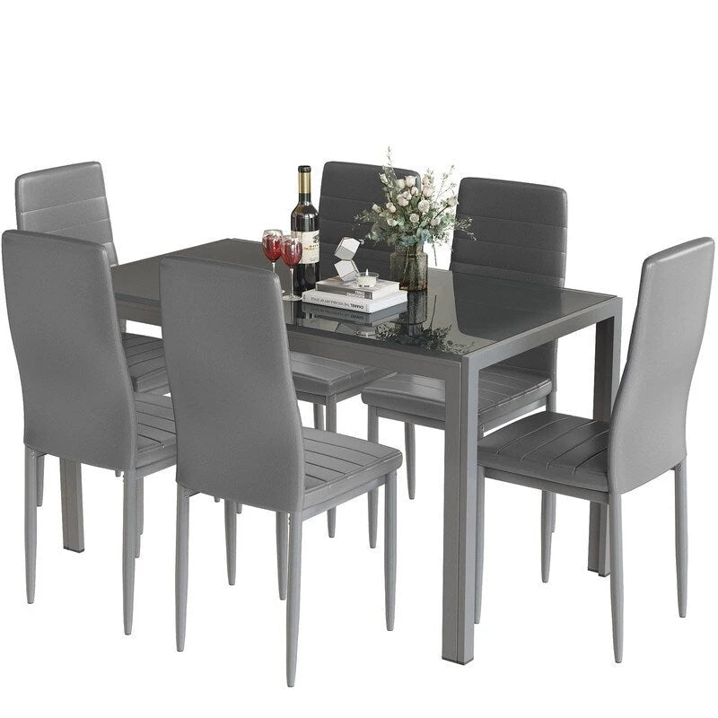 Grondin 7-teiliges Esszimmer-Set im modernen Stil mit Tischplatte aus gehärtetem Glas und 6 Stühlen mit PU-Lederpolsterung