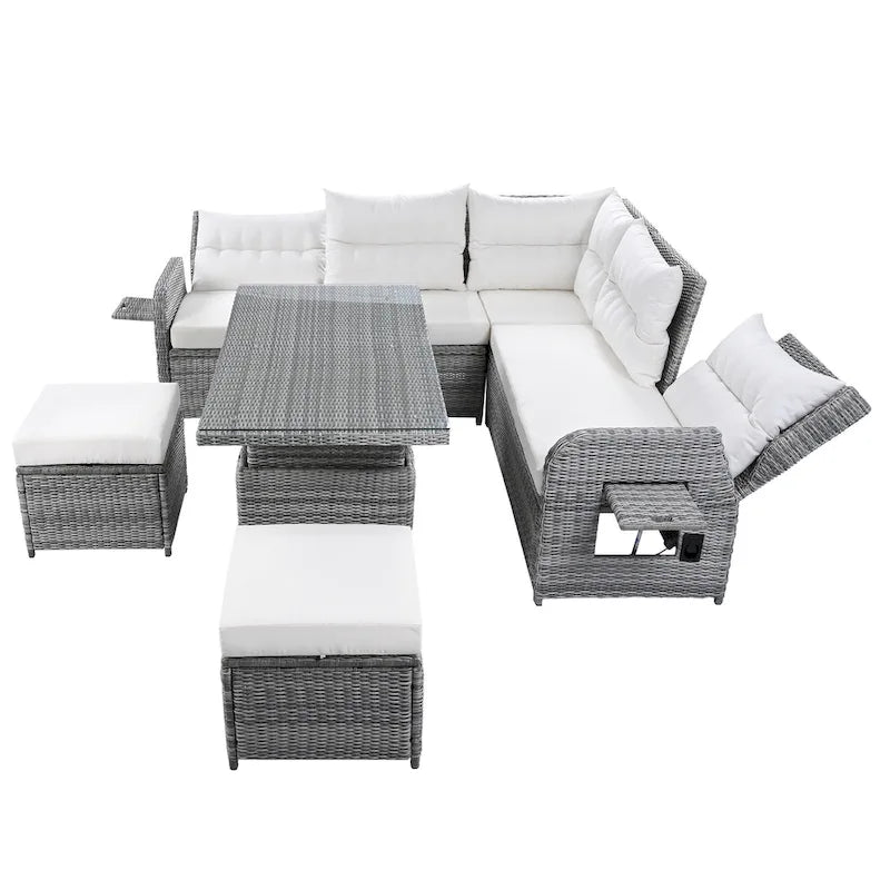 Outdoor-Rattan-Ecksofa-Set mit verstellbarem Tisch und Relaxsesseln