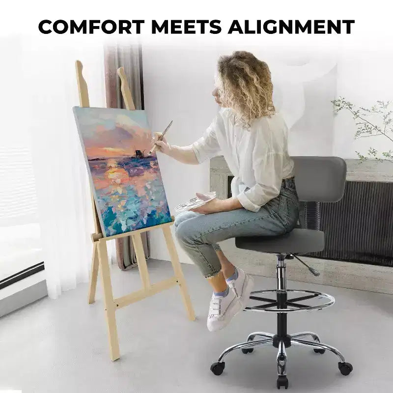 Home Imports Emporium Zeichenhocker – Höhenverstellbarer Drehhocker aus Kunstleder mit Fußstütze und Rückenlehne