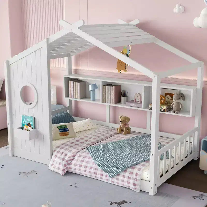 Bodenbett für Kinder in Twin-Größe, Montessori-Hausbett mit Ablagefach und Dachdesign