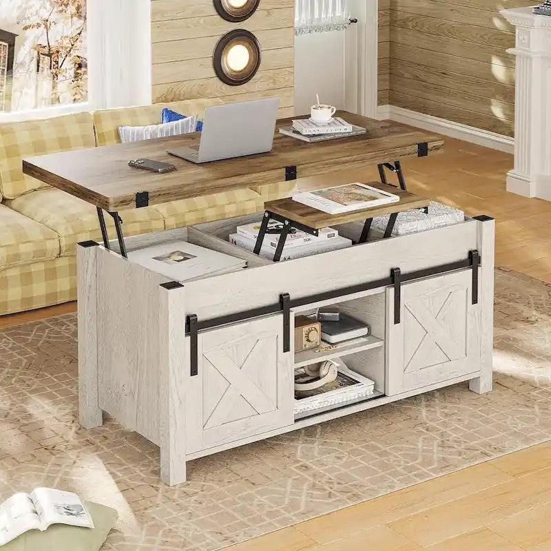 Couchtisch mit Hubplatte, 2 Schiebetüren im Scheunentor-Design und Stauraum, Esstisch
