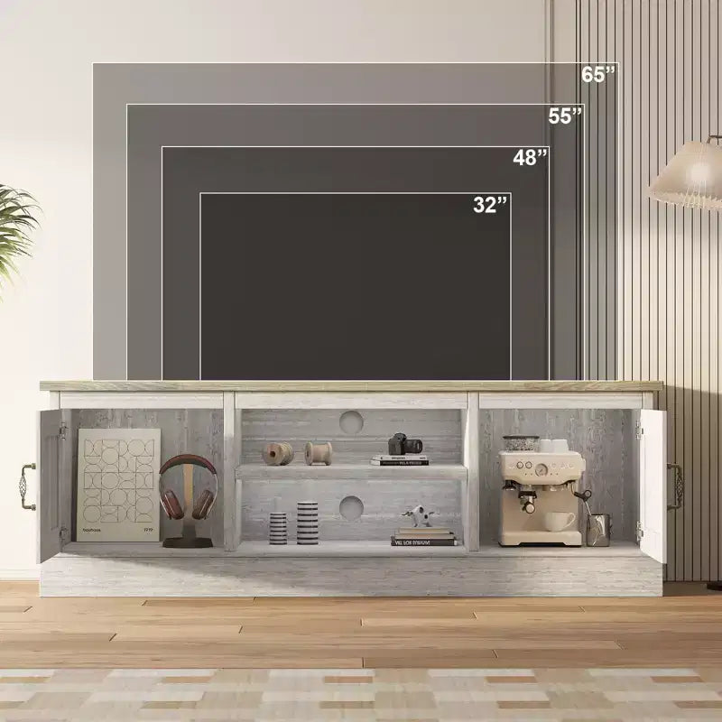 Moderner TV-Schrank für 65-Zoll-Fernseher, rustikales Entertainment-Center aus Holz mit geräumigen Aufbewahrungsschränken, Medienkonsole für Wohnzimmer und Büro