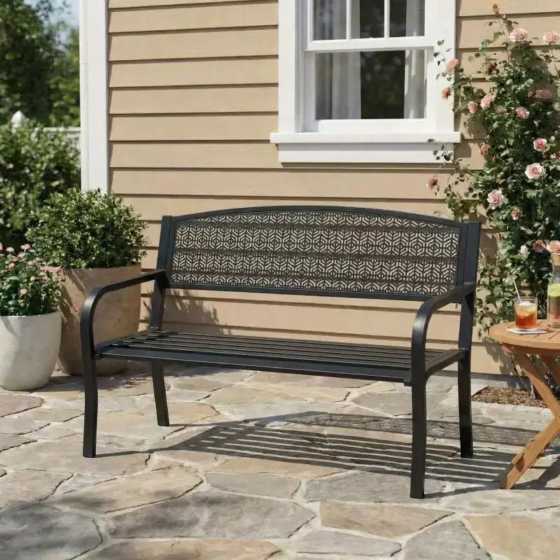 Gartenbank aus Metall für 2 Personen, Stahlbank mit geometrischer Rückenlehne für Terrasse, Garten und Veranda