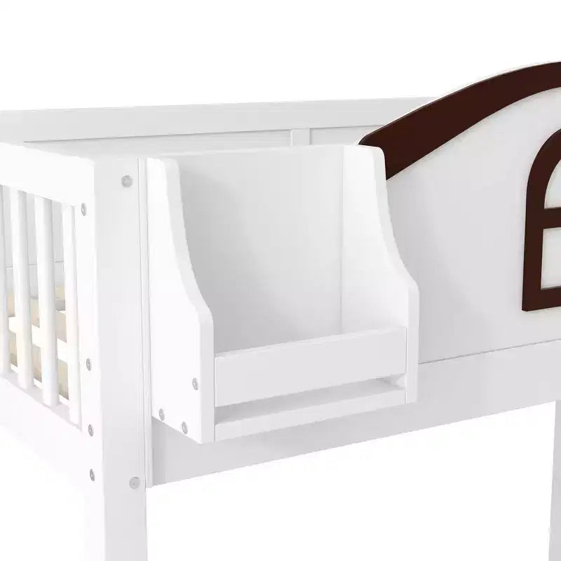Etagenbett (90x200 cm oben / 140x200 cm unten) mit Rutsche, Regalen, Treppe mit Stauraum und Kleiderschrank für das Kinderzimmer