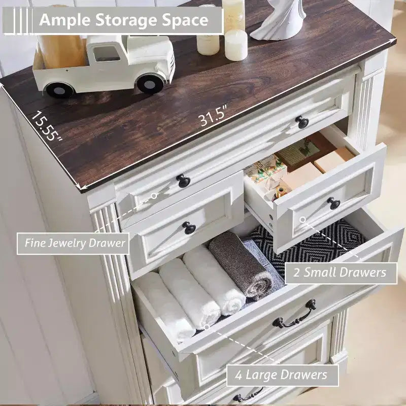 Mastgoal 57 Bauernhaus-Kommode mit 7 Schubladen, rustikaler Holzschrank mit römischer Säule für das Schlafzimmer
