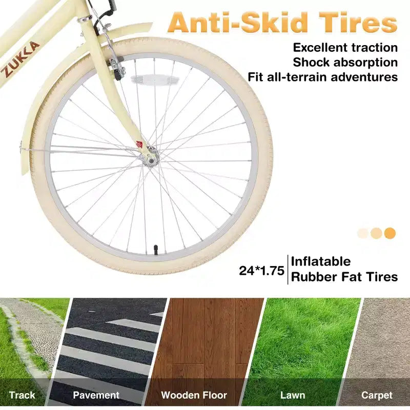 NAYSAYE 24 Zoll Mädchen-Cruiser-Fahrrad, Speed-Hybrid-Citybike für Jugendliche von 7-10+ Jahren mit Weidenkorb & Gepäckträger, Kinderfahrrad