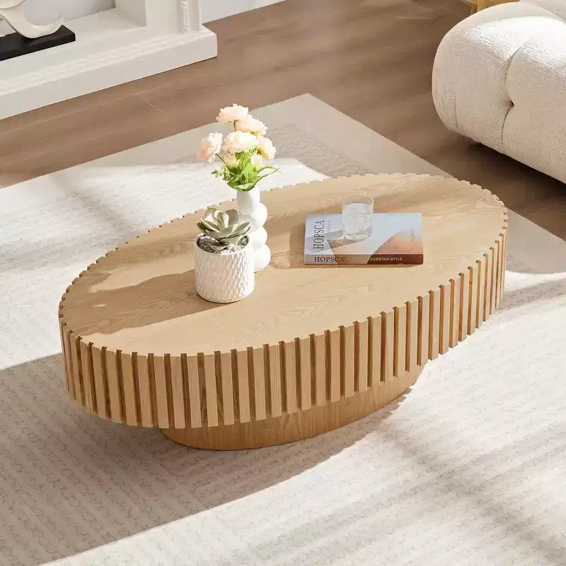 Ovaler/Quadratischer Couchtisch, minimalistischer geriffelter Mitteltisch, Beistelltisch, natürliche Esche/Nussbaum/Mattschwarz – ModernLuxe