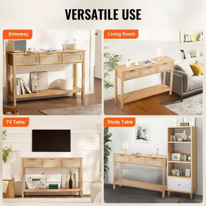 VEVOR Rattan-Konsolentisch mit 3 Schubladen, Rattan-Flurtisch mit natürlicher Rattan-Schiebetür, Konsolen-Sofa-Tisch, Natur