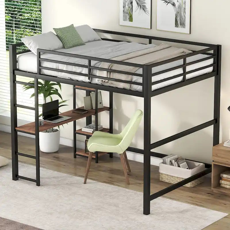 Full-Size-Hochbett aus Metall mit integriertem Schreibtisch und Ablagefächern