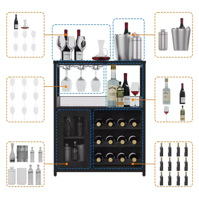 Grauer 3-stöckiger industrieller Weinbarschrank (12+ Flaschen), 91,4 H x 61 B x 38,1 T cm, abnehmbares Regal, 9 Glashalter & verstellbare Einlegeböden für Zuhause/Bar
