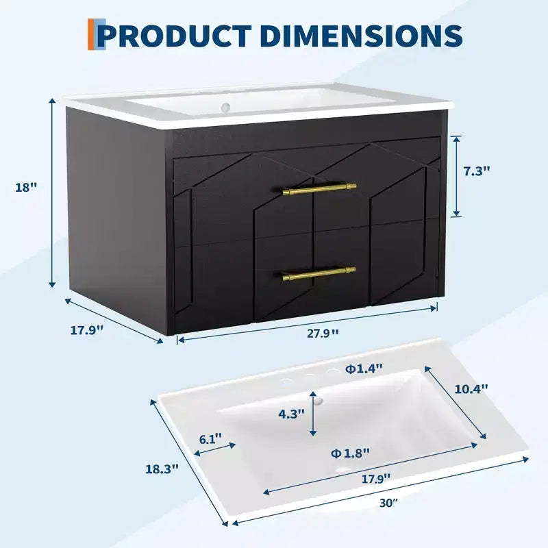 Modernes hängendes Badezimmer-Waschtischset mit Waschbecken – Wandmontierter Unterschrank mit Soft-Close-Schublade und goldenem Griff, Größe 24 oder 30 Zoll