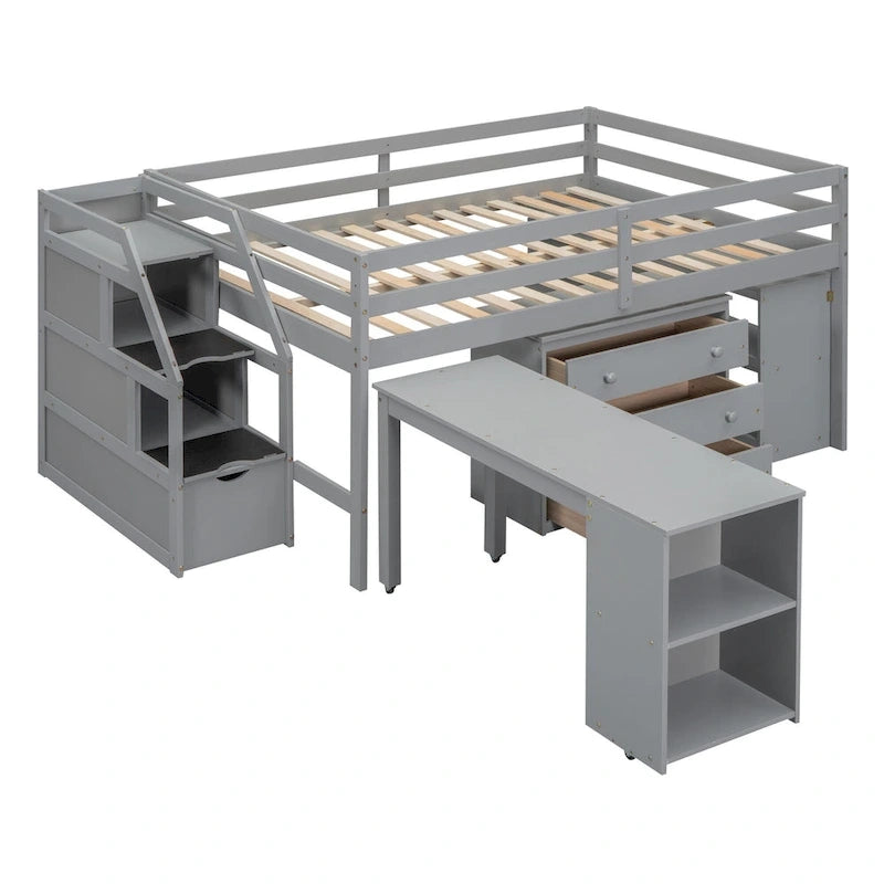 Full-Size-Hochbett mit ausziehbarem Schreibtisch und 3 Schubladen, Hochbett aus Holz mit Treppe mit Stauraum und Regalen