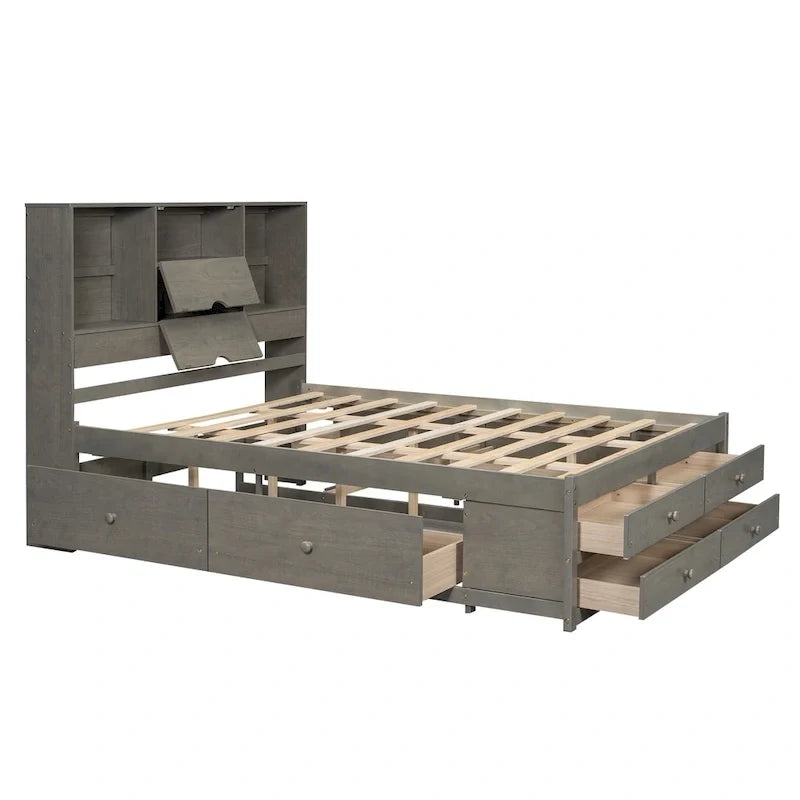 Graues modernes Queen-Size-Holzbett mit Stauraum-Kopfteil und 8 Schubladen