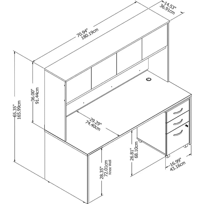 72-Zoll-Schreibtisch mit Aufsatz und mobilstem 3-Schubladen-Rollcontainer