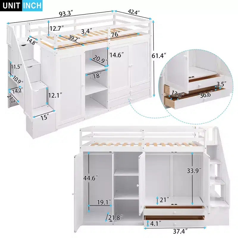 93,3 Funktionales Hochbett mit Kleiderschränken, Regalen, Schubladen und Stauraumleiter