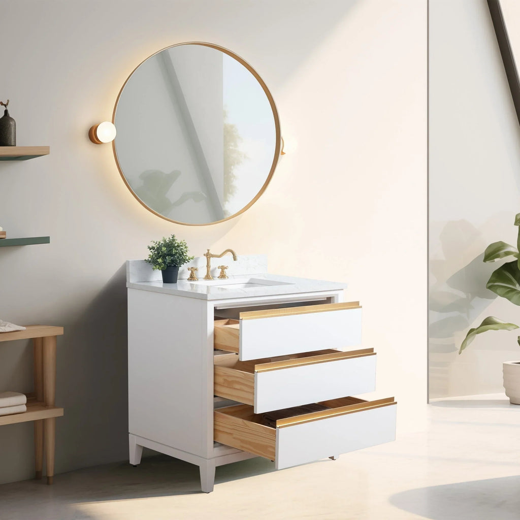 Vanity Art Badezimmerschrank mit Keramikwaschbecken und Platte aus technischem Marmor