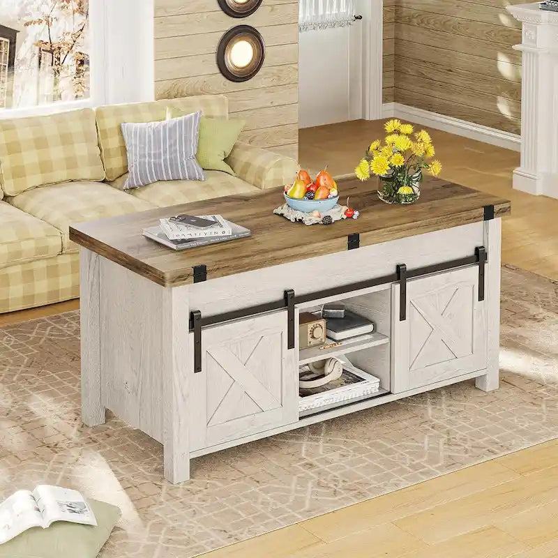 Couchtisch mit Hubplatte, 2 Schiebetüren im Scheunentor-Design und Stauraum, Esstisch