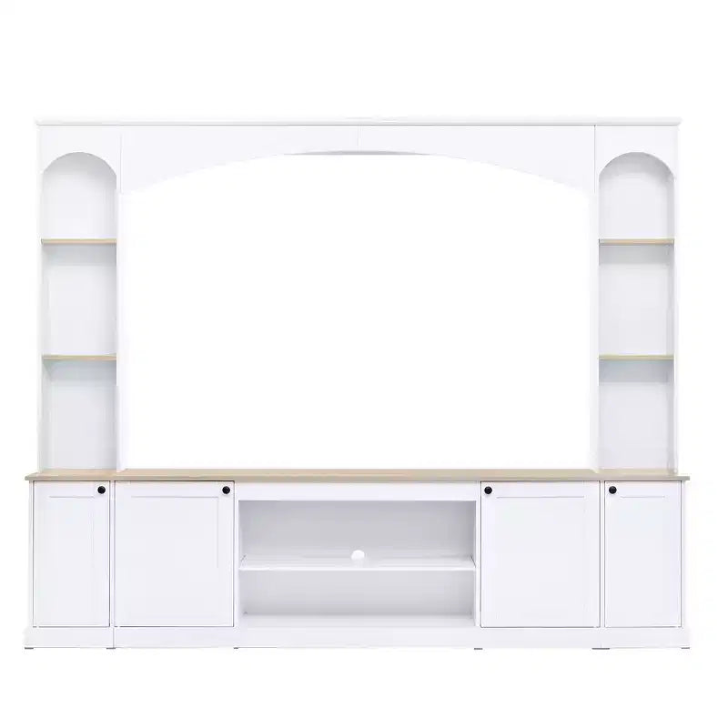 Whisen 91 Medienkonsole, gewölbte Entertainment-Center-Wandkombination im Landhausstil mit Bücherregal, Holzmaserung, für Fernseher bis zu 70 Zoll