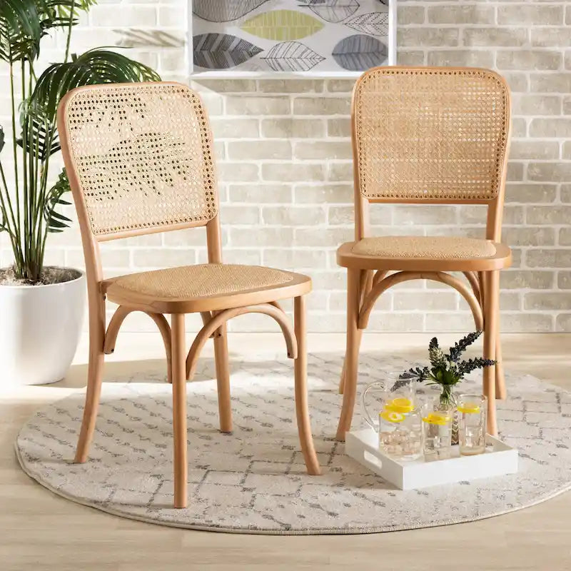 Neah Mid-Century Modern 2er-Set Esszimmerstühle aus geflochtenem Rattan und Holz