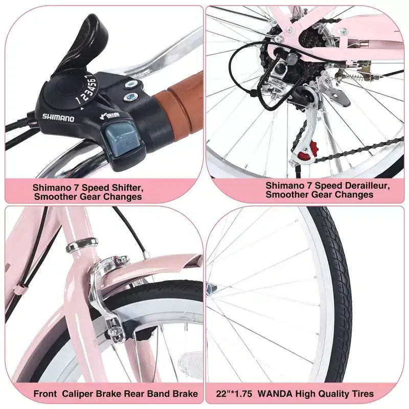 Okak 22-Zoll-Cruiser-Fahrräder mit Frontkorb, Mädchenfahrrad mit Stahlrahmen, V-Bremse und Komfortsattel, Fahrrad für Mädchen und Frauen