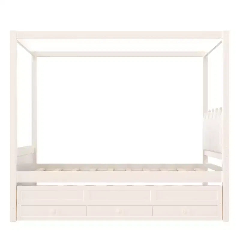Doppel-/Einzelbett-Plattformbett mit Ausziehbett, Prinzessinnen-Himmelbett aus Holz mit 3 Schubladen, Stauraumbett mit gepolstertem Kopfteil für das Schlafzimmer