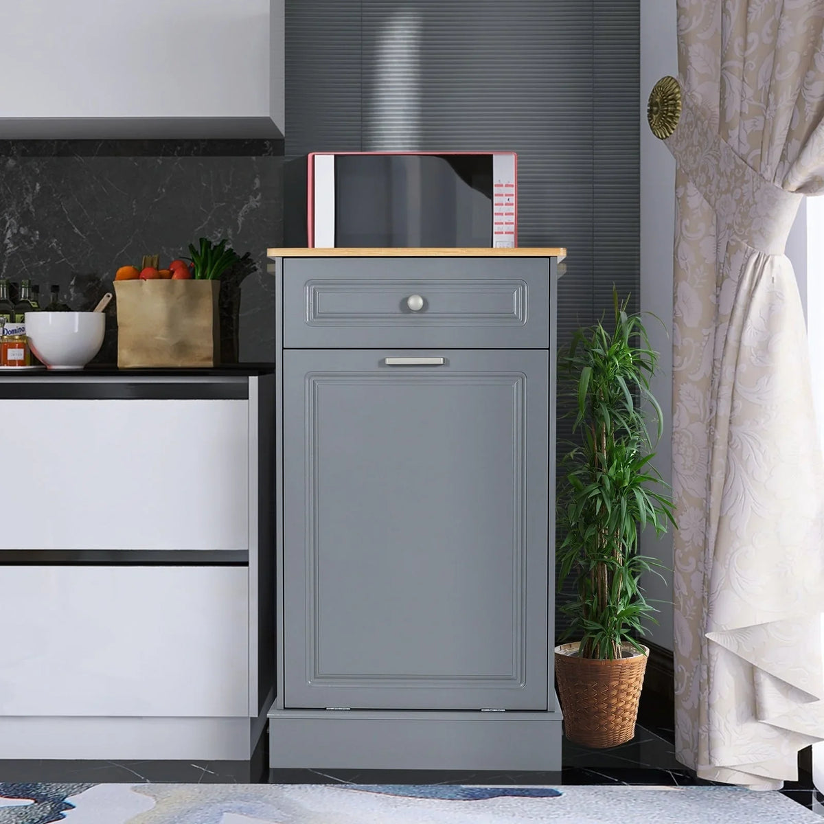 Küche Abklappbarer Mülleimer-Schrank Stauraum Holzeimer mit Schublade für die Arbeitsplatte