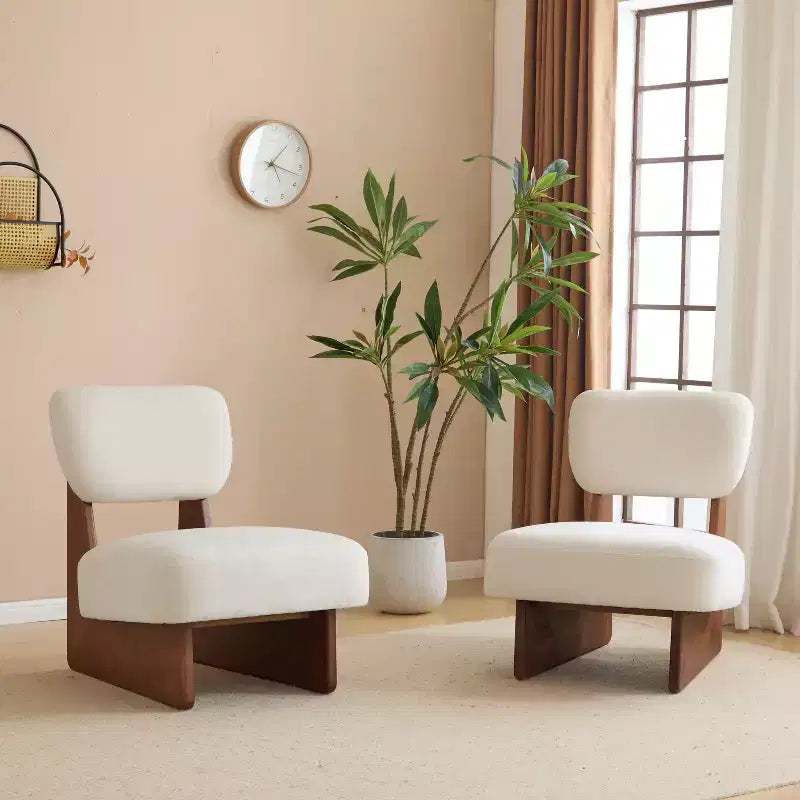 Set aus 2 modernen beigen Loungesesseln mit Polyesterbezug, stabilem Holzgestell, für verschiedene Räume