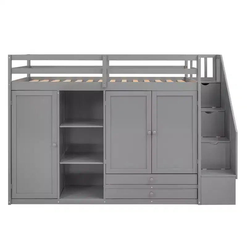 93,3 Funktionales Hochbett mit Kleiderschränken, Regalen, Schubladen und Stauraumleiter