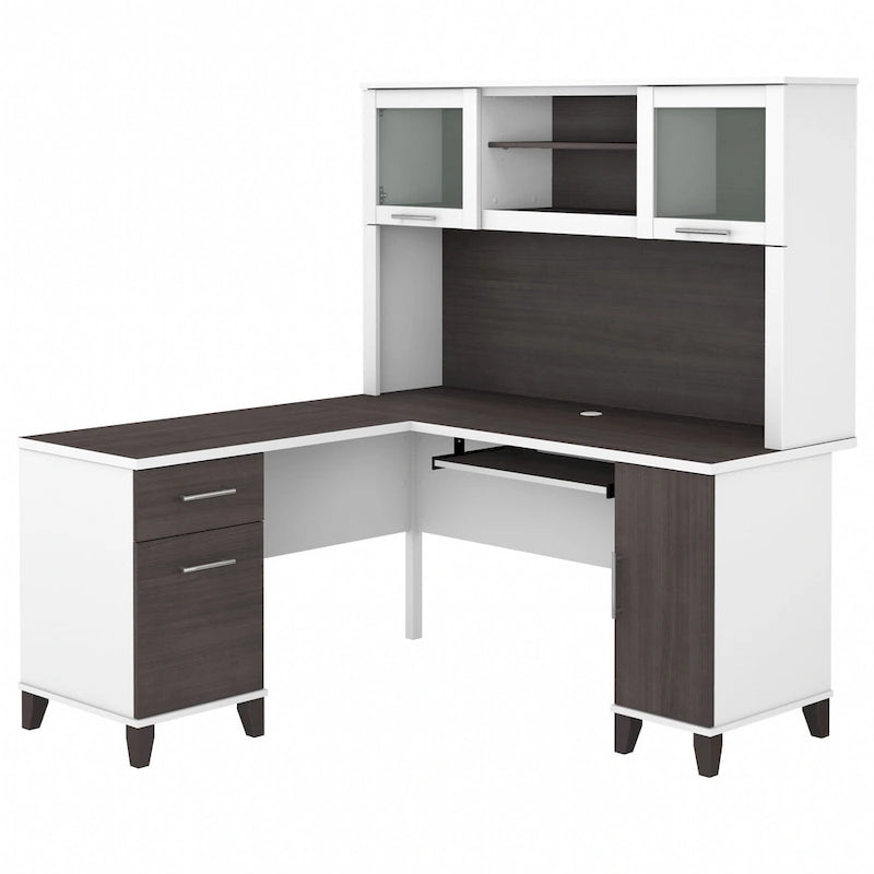 Bush Furniture Somerset 60 Zoll breiter L-förmiger Schreibtisch mit Aufsatzregal und Stauraum