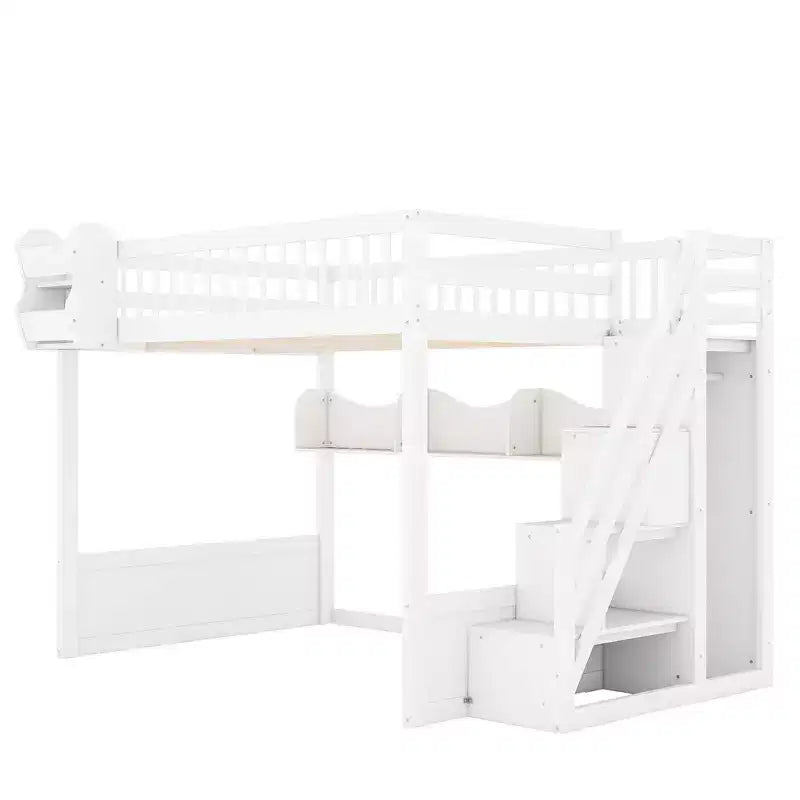 Queen-Hochbettgestell mit Treppe, Kleiderschrank & Regalen - MDF, 650 lb