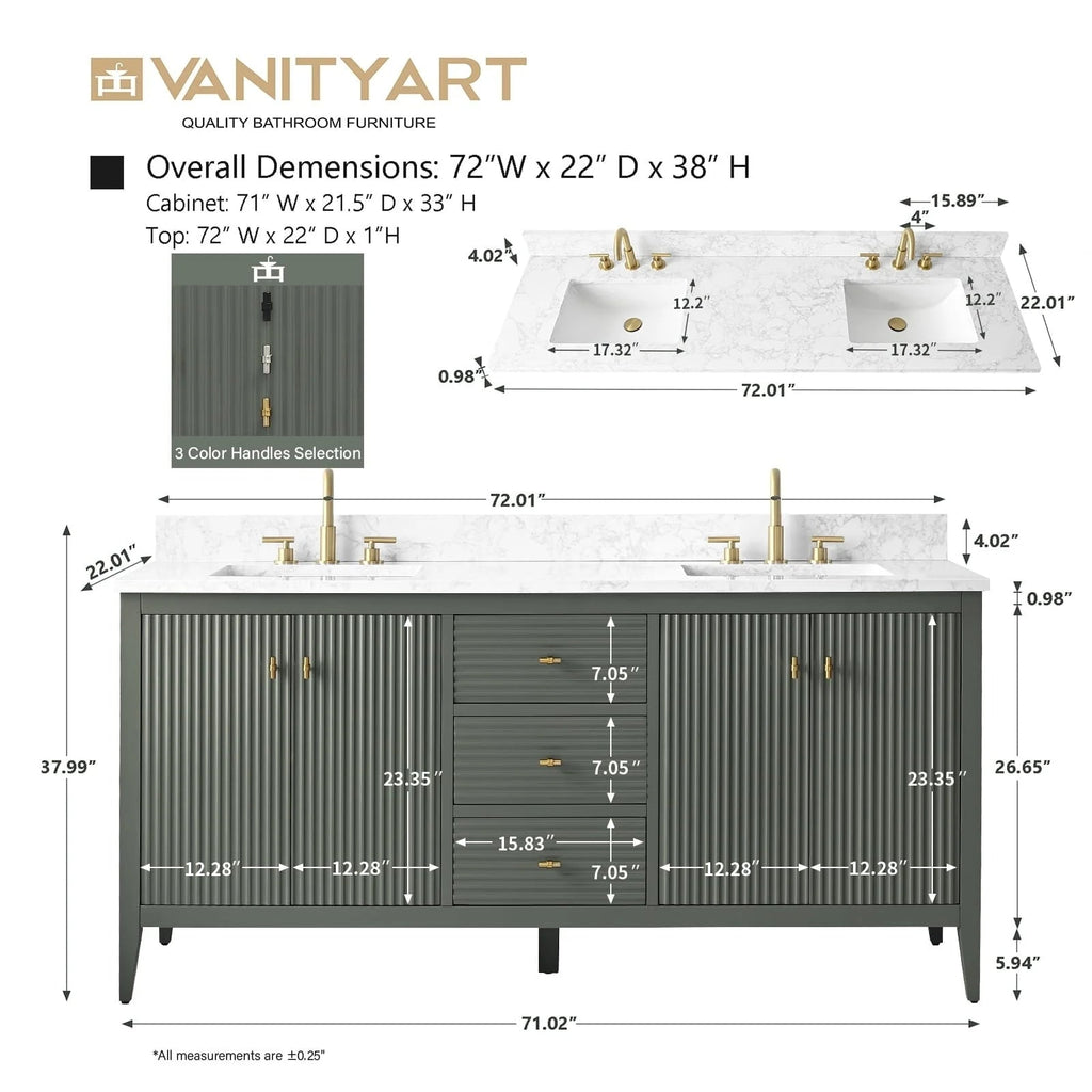 Vanity Art 72 Zoll Badezimmer-Waschtischunterschrank mit Doppelwaschbecken und Kunstmarmorplatte