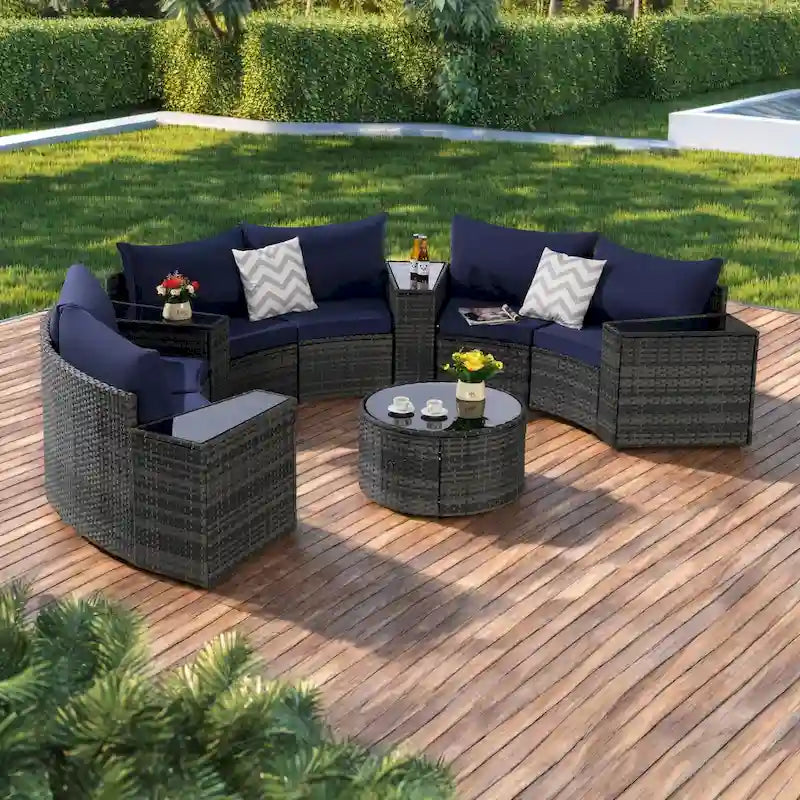 11-teiliges modulares Outdoor-Sofa-Set mit halbrunden Elementen, Couchtisch aus gehärtetem Glas und 4 Beistelltischen