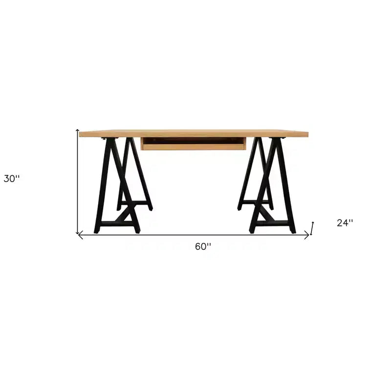 HomeRoots 60 Zoll Executive-Schreibtisch aus massivem Holz und Metall in Natur und Schwarz mit Gestellbeinen